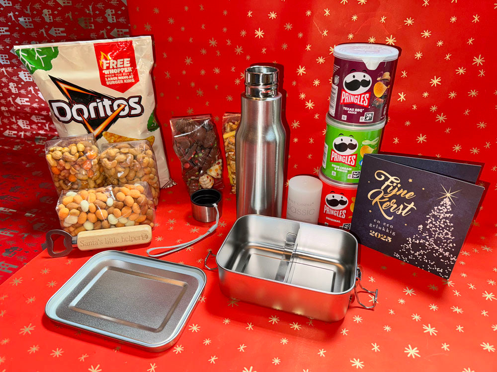 RVS Drinkfles, Broodtrommel, en Luxe Snacks - JouwKerstCadeau.nl 